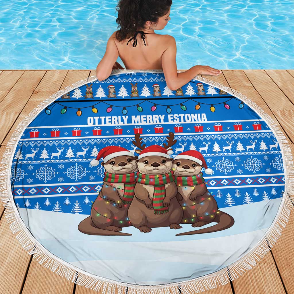 Estonia Christmas Beach Blanket with Santa Otters Lights Snowflakes and National Emblem on Blue Pattern - Wonder Print Shop