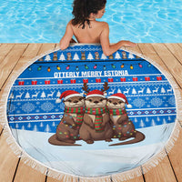 Estonia Christmas Beach Blanket with Santa Otters Lights Snowflakes and National Emblem on Blue Pattern - Wonder Print Shop