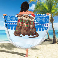 Estonia Christmas Beach Blanket with Santa Otters Lights Snowflakes and National Emblem on Blue Pattern - Wonder Print Shop