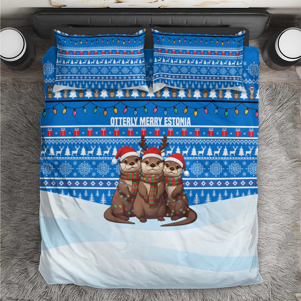 Estonia Christmas Bedding Set with Santa Otters Lights Snowflakes and National Emblem on Blue Pattern - Wonder Print Shop