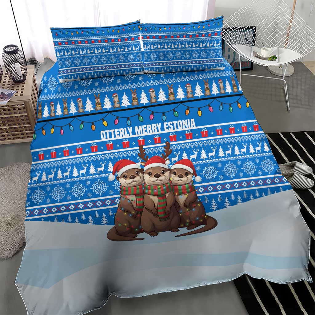Estonia Christmas Bedding Set with Santa Otters Lights Snowflakes and National Emblem on Blue Pattern - Wonder Print Shop