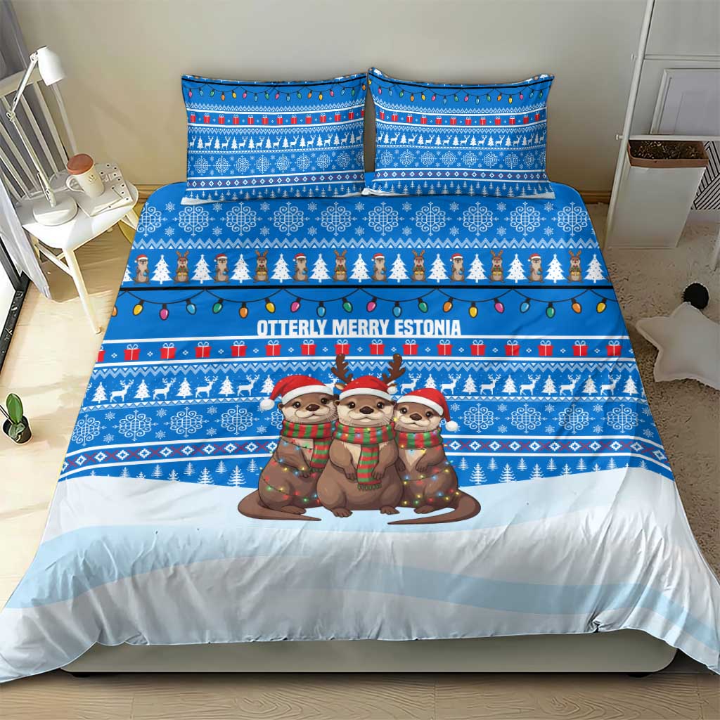 Estonia Christmas Bedding Set with Santa Otters Lights Snowflakes and National Emblem on Blue Pattern - Wonder Print Shop
