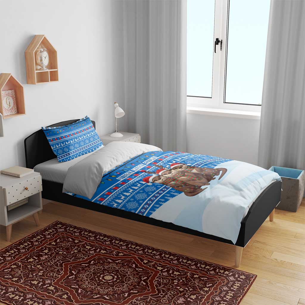 Estonia Christmas Bedding Set with Santa Otters Lights Snowflakes and National Emblem on Blue Pattern - Wonder Print Shop