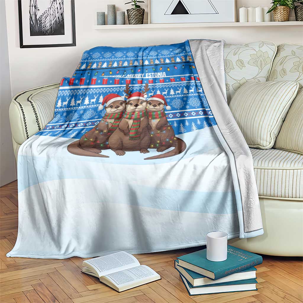 Estonia Christmas Blanket with Santa Otters Lights Snowflakes and National Emblem on Blue Pattern - Wonder Print Shop