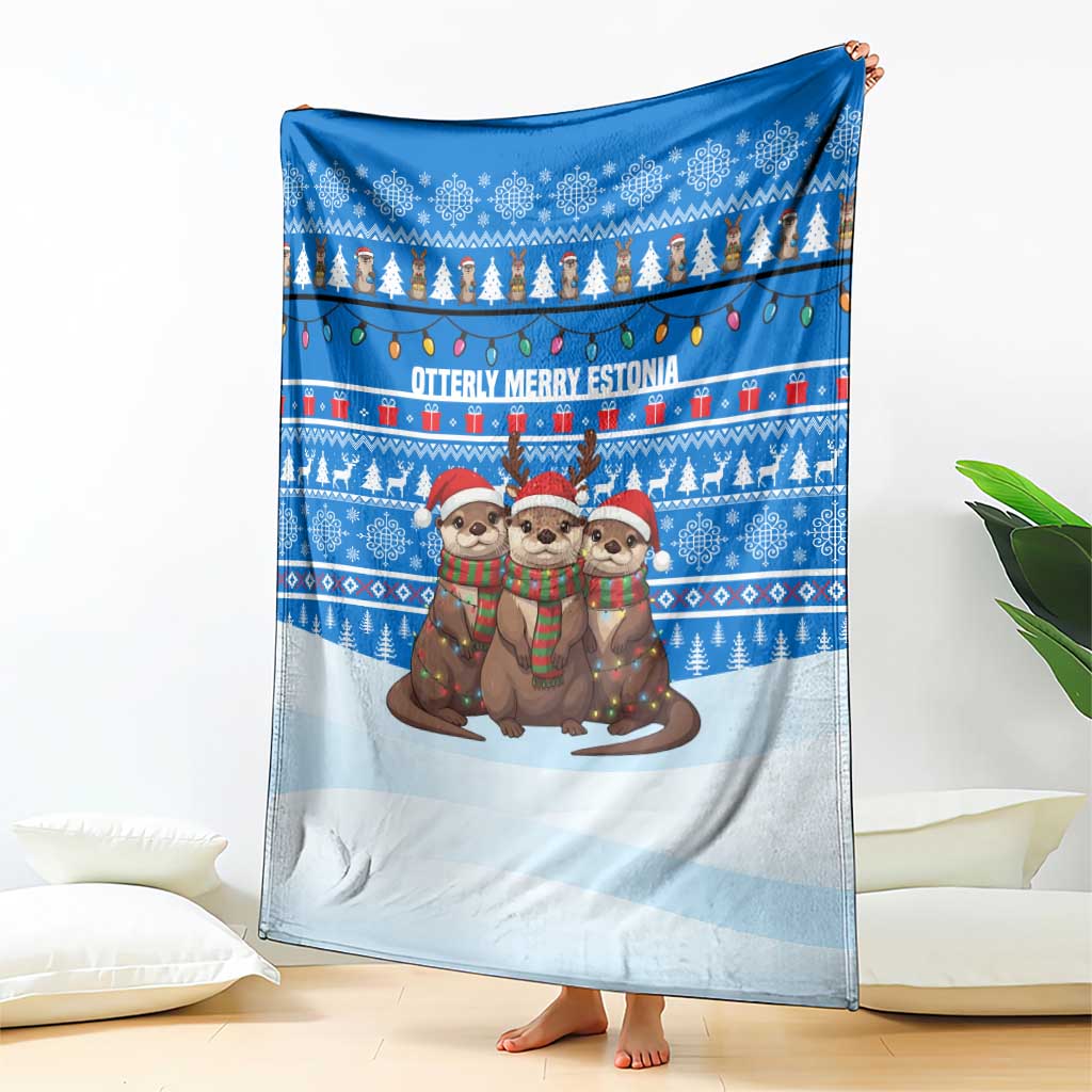 Estonia Christmas Blanket with Santa Otters Lights Snowflakes and National Emblem on Blue Pattern - Wonder Print Shop