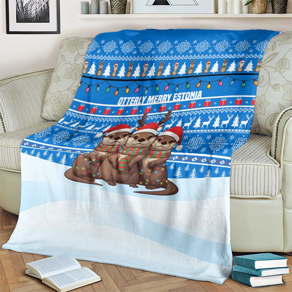 Estonia Christmas Blanket with Santa Otters Lights Snowflakes and National Emblem on Blue Pattern - Wonder Print Shop