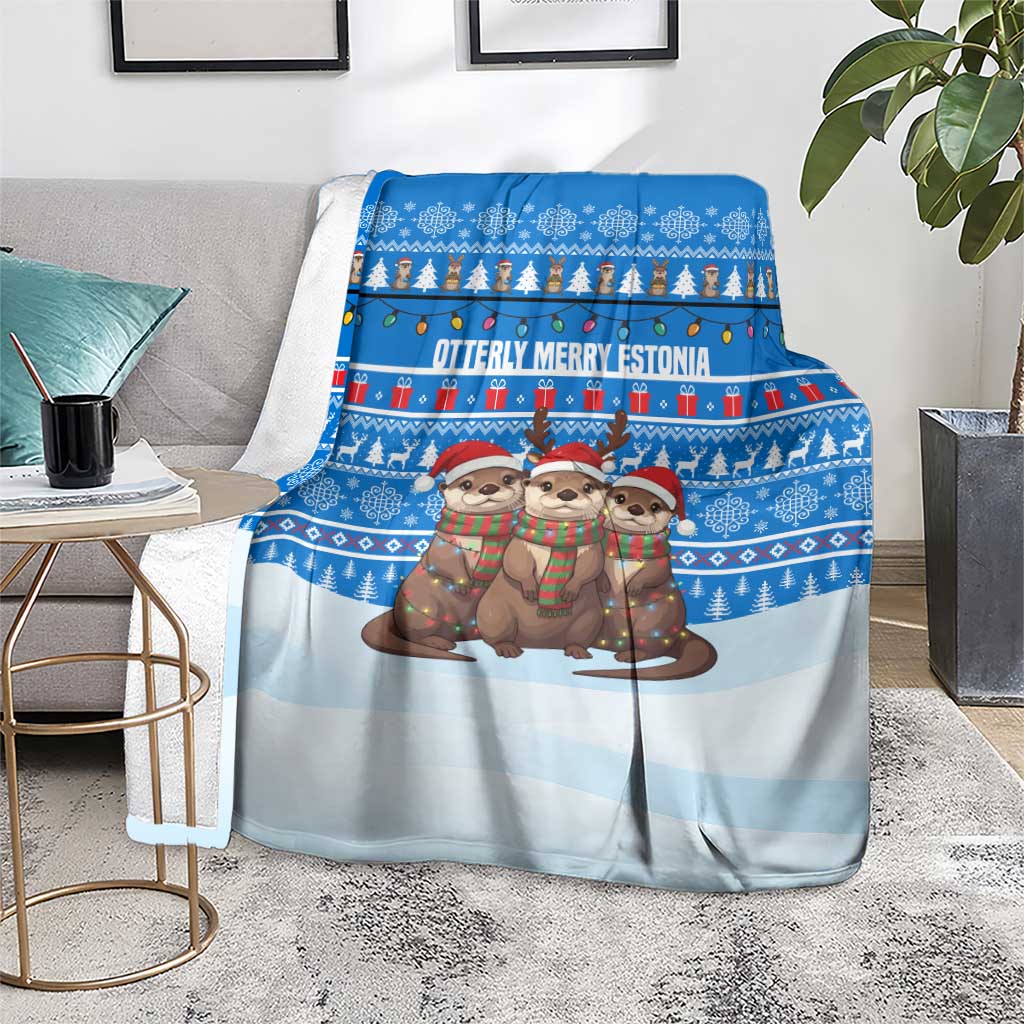 Estonia Christmas Blanket with Santa Otters Lights Snowflakes and National Emblem on Blue Pattern - Wonder Print Shop