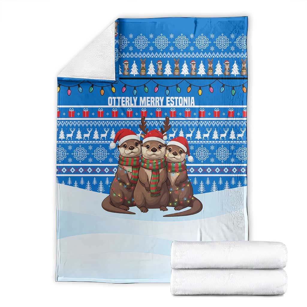 Estonia Christmas Blanket with Santa Otters Lights Snowflakes and National Emblem on Blue Pattern - Wonder Print Shop
