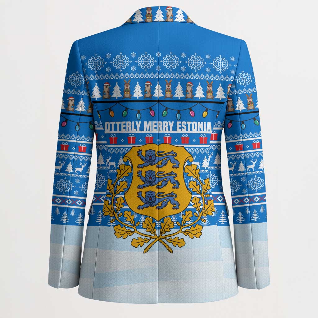 Estonia Christmas Blazer with Santa Otters Lights Snowflakes and National Emblem on Blue Pattern - Wonder Print Shop