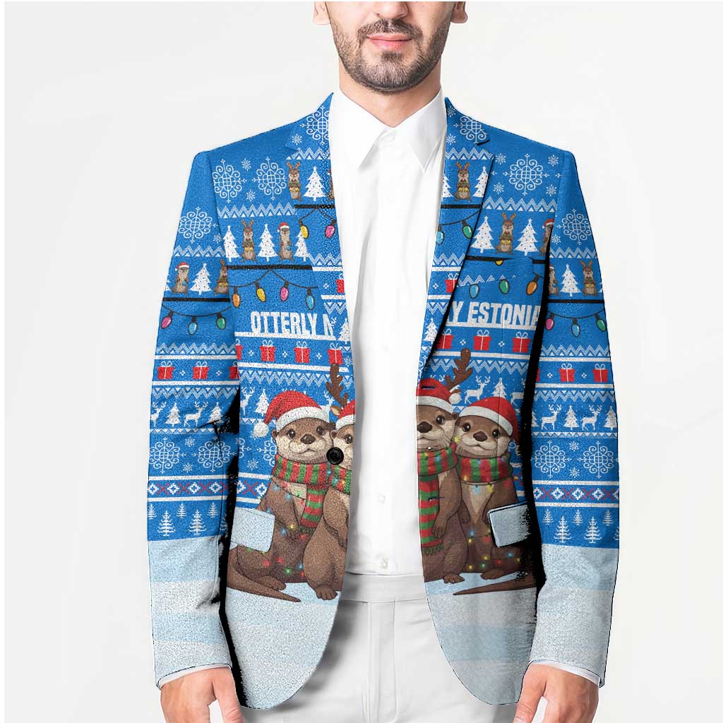 Estonia Christmas Blazer with Santa Otters Lights Snowflakes and National Emblem on Blue Pattern - Wonder Print Shop