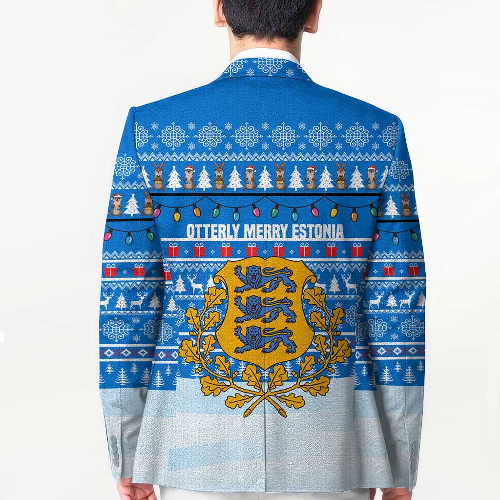 Estonia Christmas Blazer with Santa Otters Lights Snowflakes and National Emblem on Blue Pattern - Wonder Print Shop