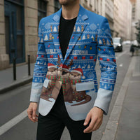 Estonia Christmas Blazer with Santa Otters Lights Snowflakes and National Emblem on Blue Pattern - Wonder Print Shop