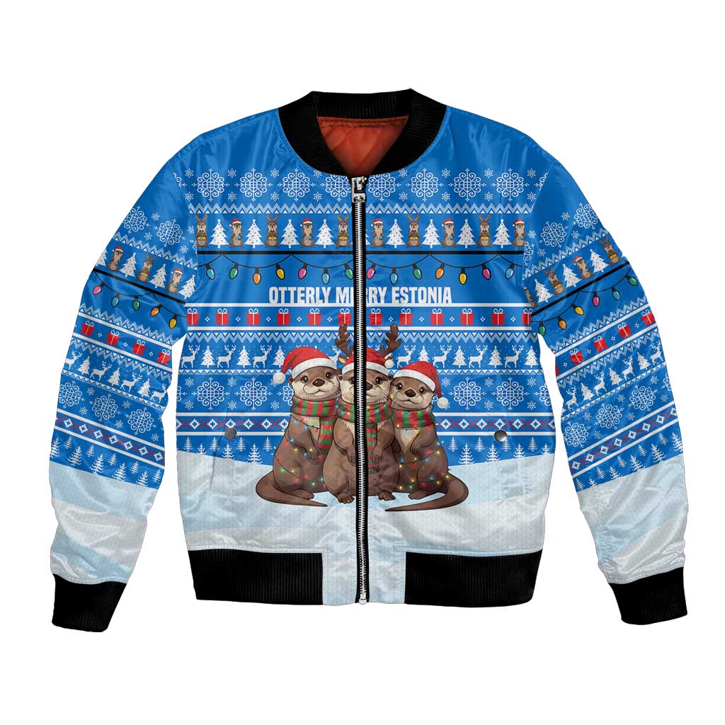 Estonia Christmas Bomber Jacket with Santa Otters Lights Snowflakes and National Emblem on Blue Pattern - Wonder Print Shop