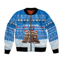 Estonia Christmas Bomber Jacket with Santa Otters Lights Snowflakes and National Emblem on Blue Pattern - Wonder Print Shop