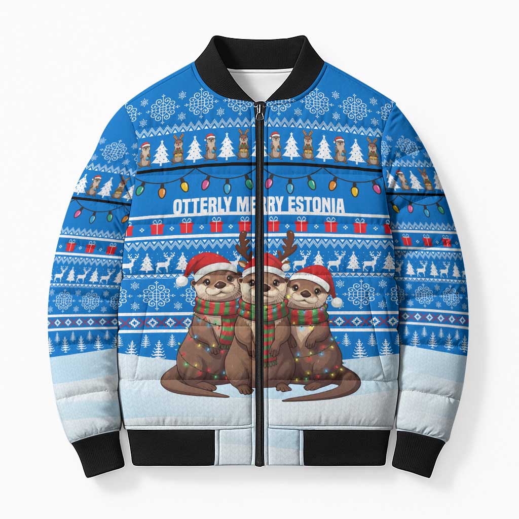 Estonia Christmas Bomber Puffer Jacket with Santa Otters Lights Snowflakes and National Emblem on Blue Pattern - Wonder Print Shop