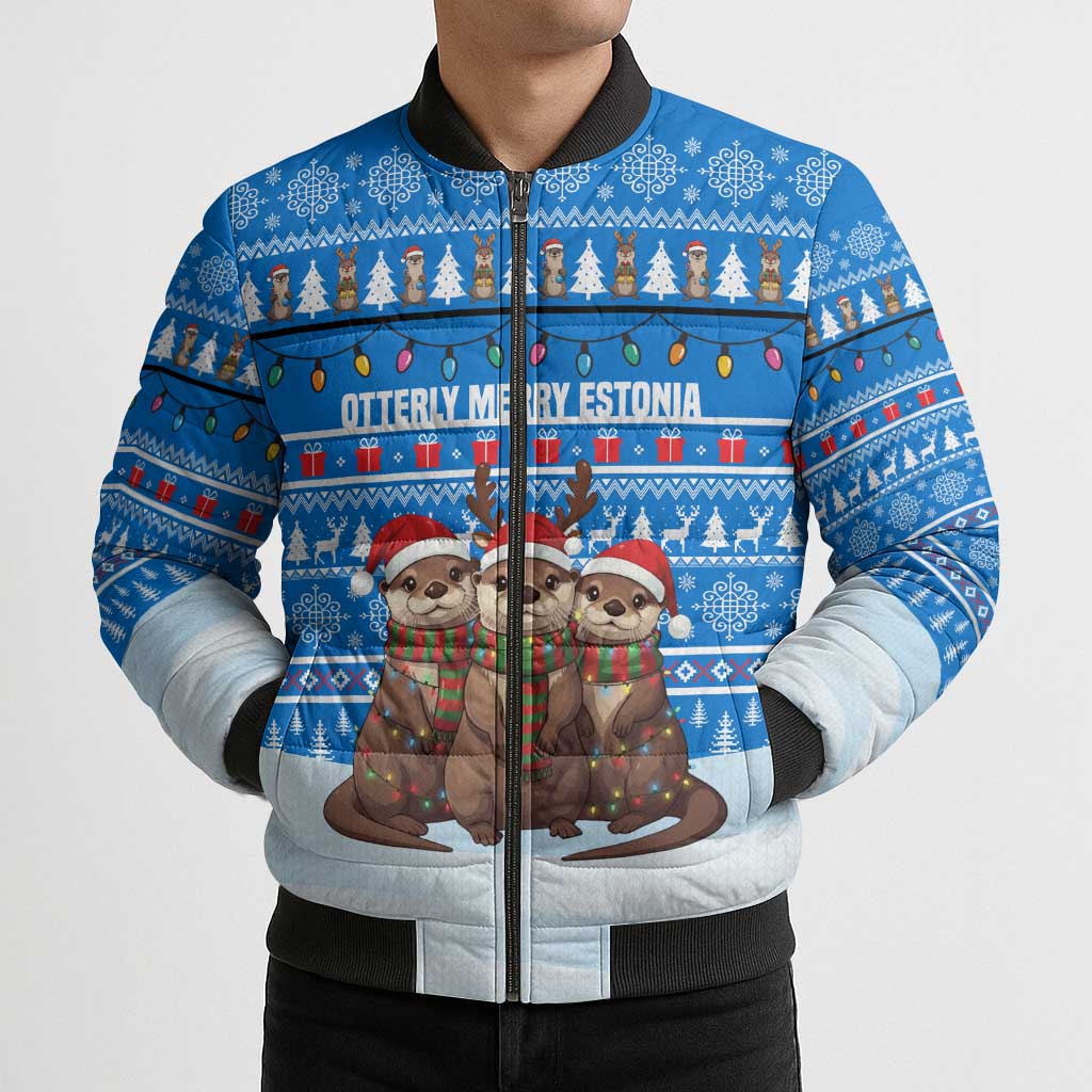 Estonia Christmas Bomber Puffer Jacket with Santa Otters Lights Snowflakes and National Emblem on Blue Pattern - Wonder Print Shop