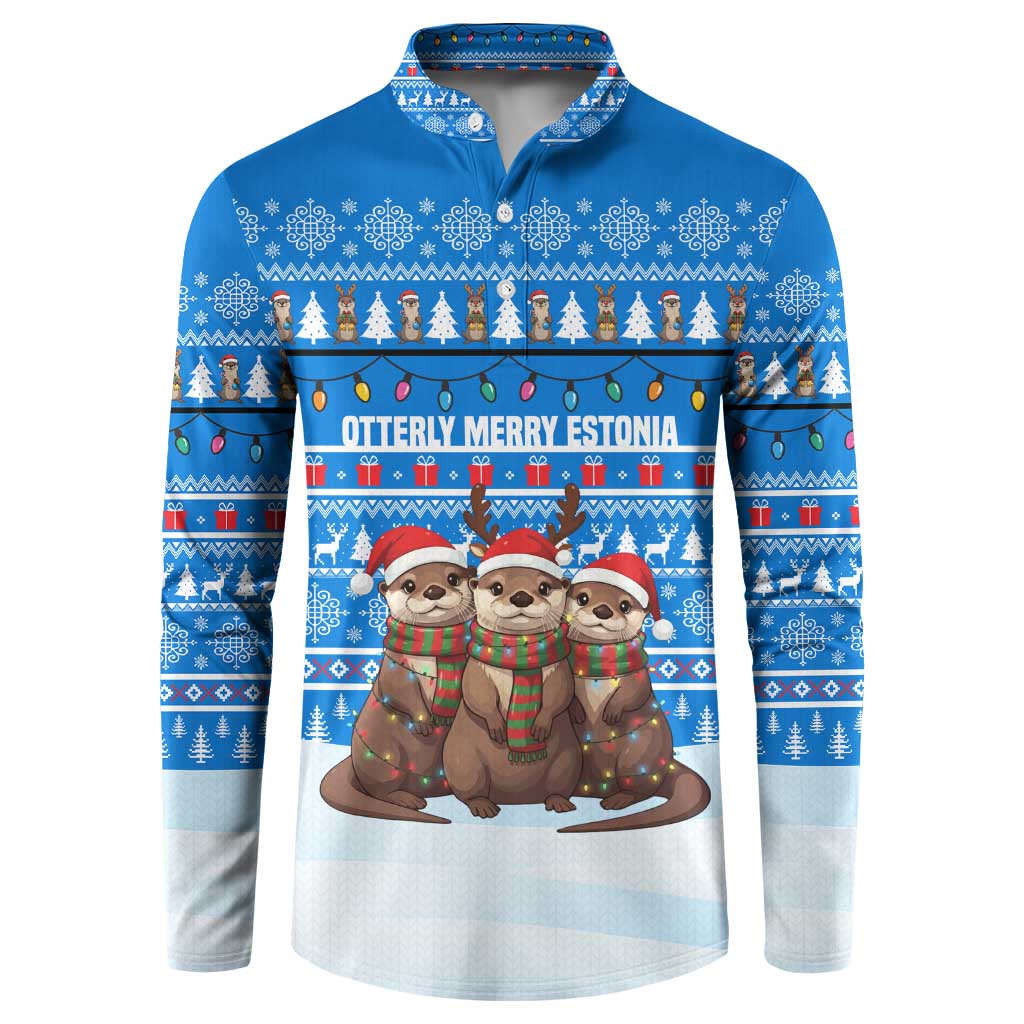 Estonia Christmas Button Sweatshirt with Santa Otters Lights Snowflakes and National Emblem on Blue Pattern - Wonder Print Shop