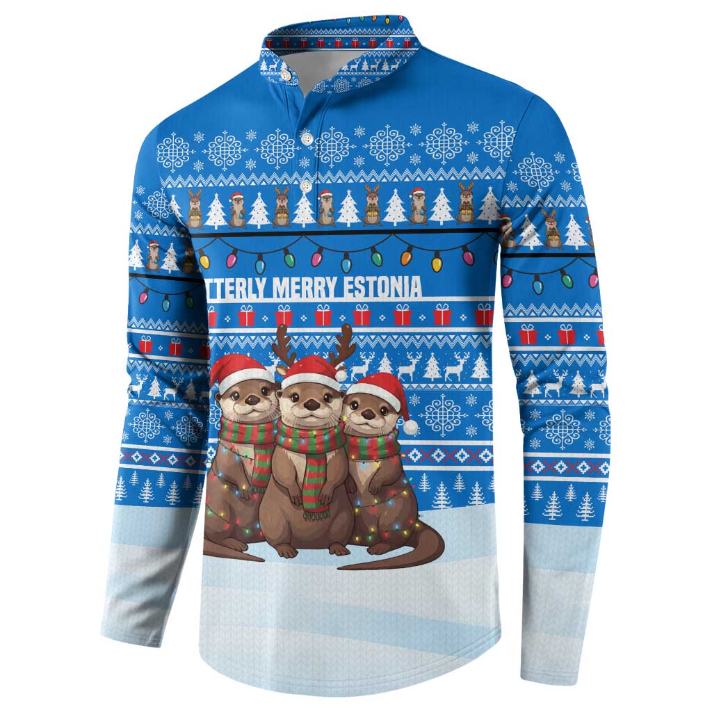 Estonia Christmas Button Sweatshirt with Santa Otters Lights Snowflakes and National Emblem on Blue Pattern - Wonder Print Shop