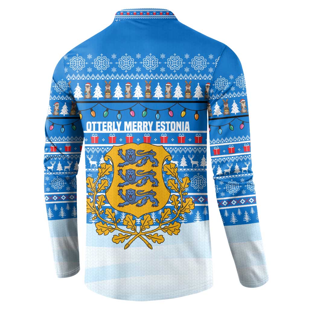 Estonia Christmas Button Sweatshirt with Santa Otters Lights Snowflakes and National Emblem on Blue Pattern - Wonder Print Shop