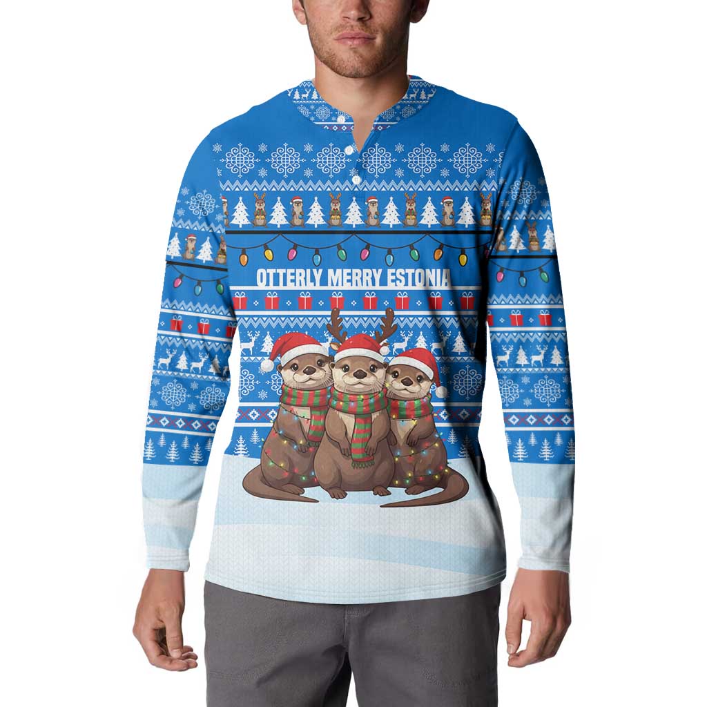 Estonia Christmas Button Sweatshirt with Santa Otters Lights Snowflakes and National Emblem on Blue Pattern - Wonder Print Shop