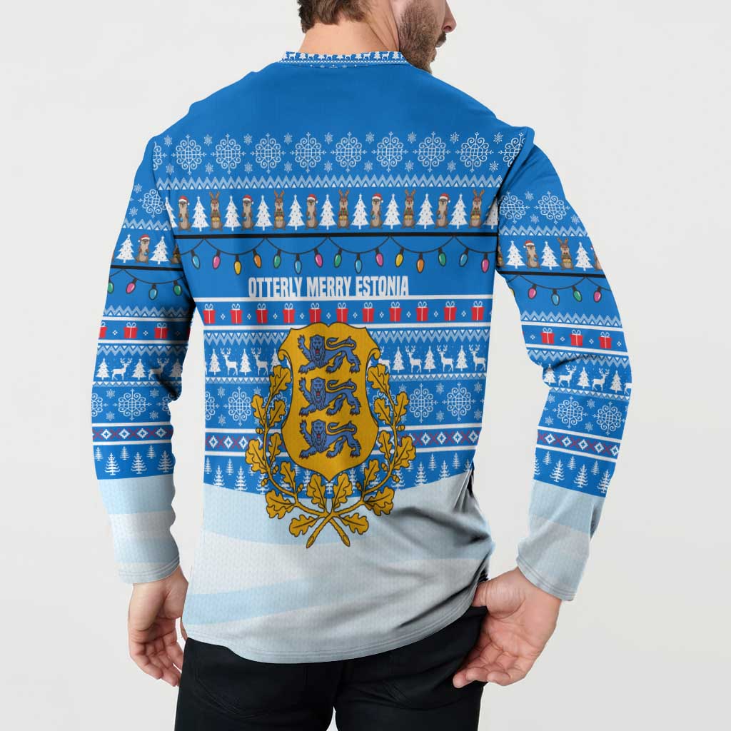 Estonia Christmas Button Sweatshirt with Santa Otters Lights Snowflakes and National Emblem on Blue Pattern - Wonder Print Shop