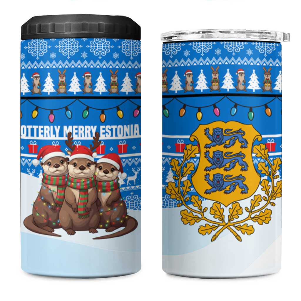 Estonia Christmas 4 in 1 Can Cooler Tumbler with Santa Otters Lights Snowflakes and National Emblem on Blue Pattern - Wonder Print Shop
