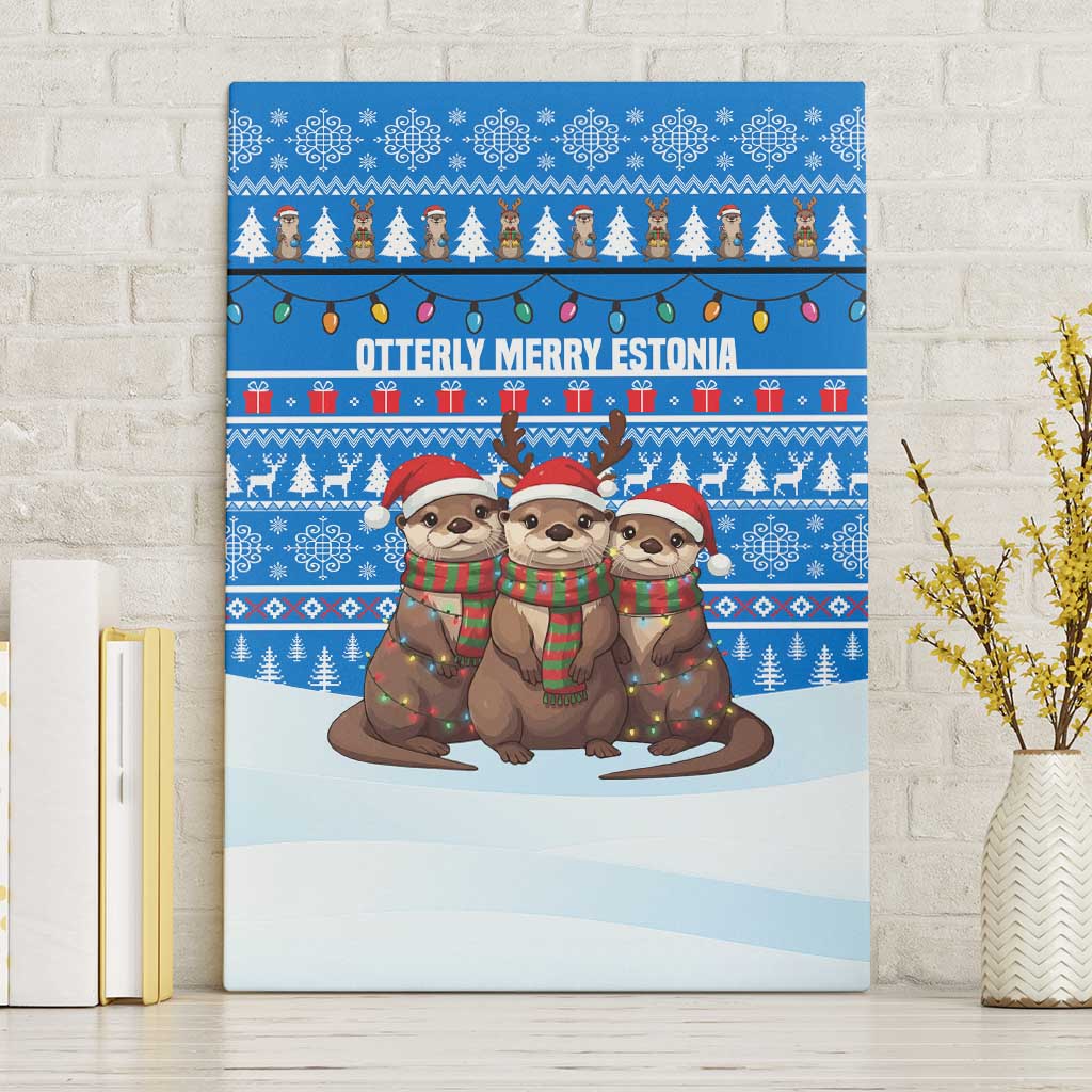 Estonia Christmas Canvas Wall Art with Santa Otters Lights Snowflakes and National Emblem on Blue Pattern - Wonder Print Shop