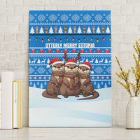 Estonia Christmas Canvas Wall Art with Santa Otters Lights Snowflakes and National Emblem on Blue Pattern - Wonder Print Shop