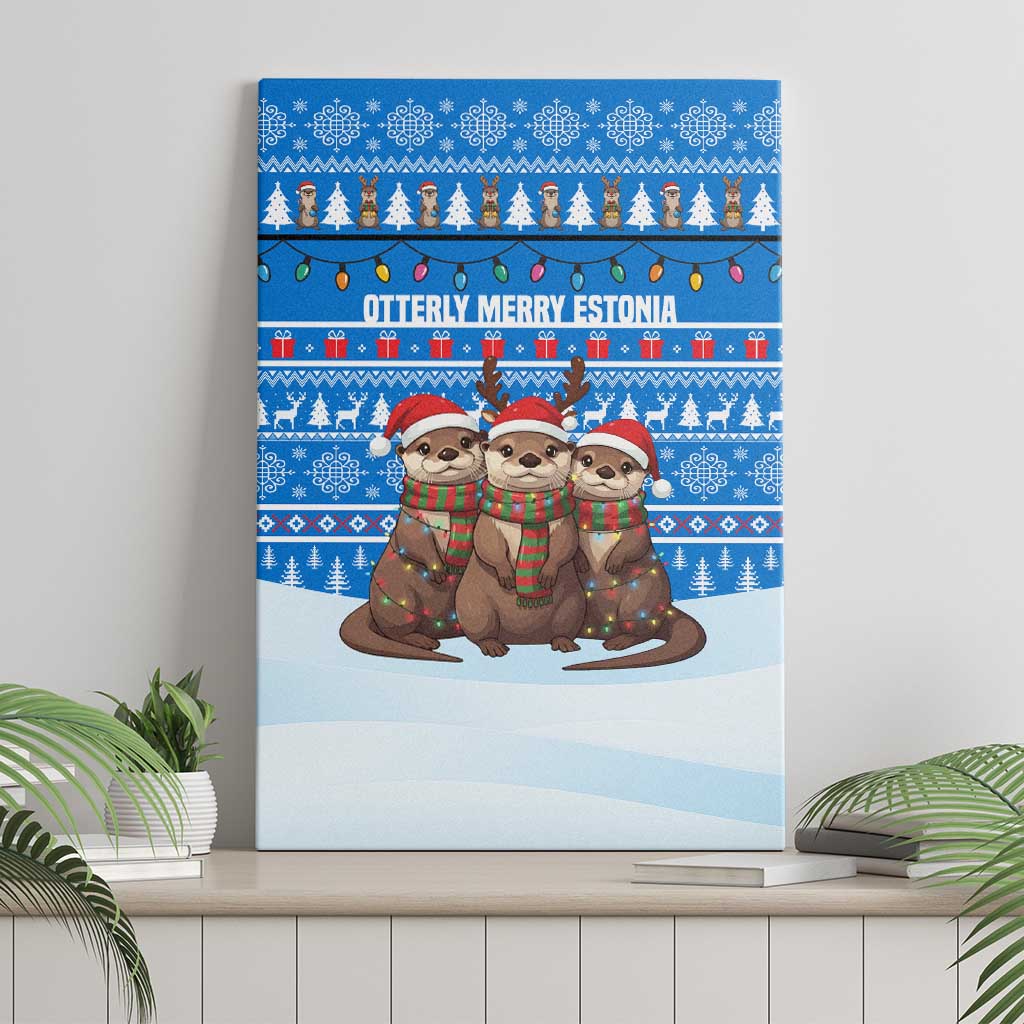 Estonia Christmas Canvas Wall Art with Santa Otters Lights Snowflakes and National Emblem on Blue Pattern - Wonder Print Shop