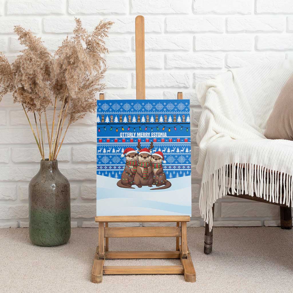 Estonia Christmas Canvas Wall Art with Santa Otters Lights Snowflakes and National Emblem on Blue Pattern - Wonder Print Shop