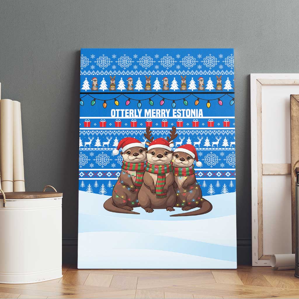 Estonia Christmas Canvas Wall Art with Santa Otters Lights Snowflakes and National Emblem on Blue Pattern - Wonder Print Shop