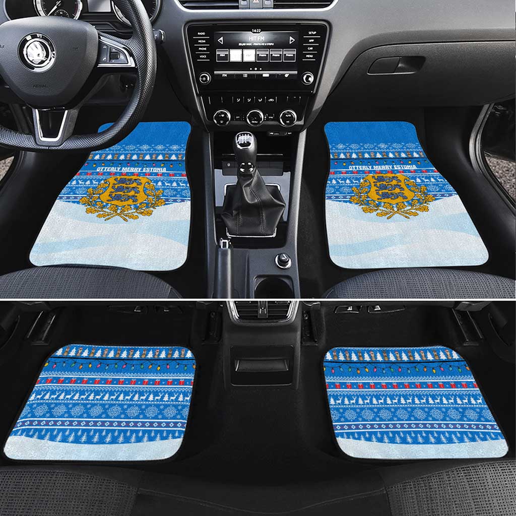 Estonia Christmas Car Mats with Santa Otters Lights Snowflakes and National Emblem on Blue Pattern - Wonder Print Shop
