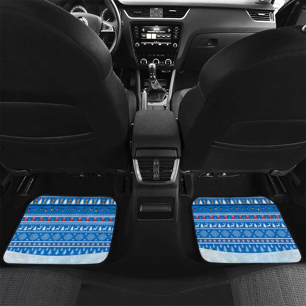 Estonia Christmas Car Mats with Santa Otters Lights Snowflakes and National Emblem on Blue Pattern - Wonder Print Shop