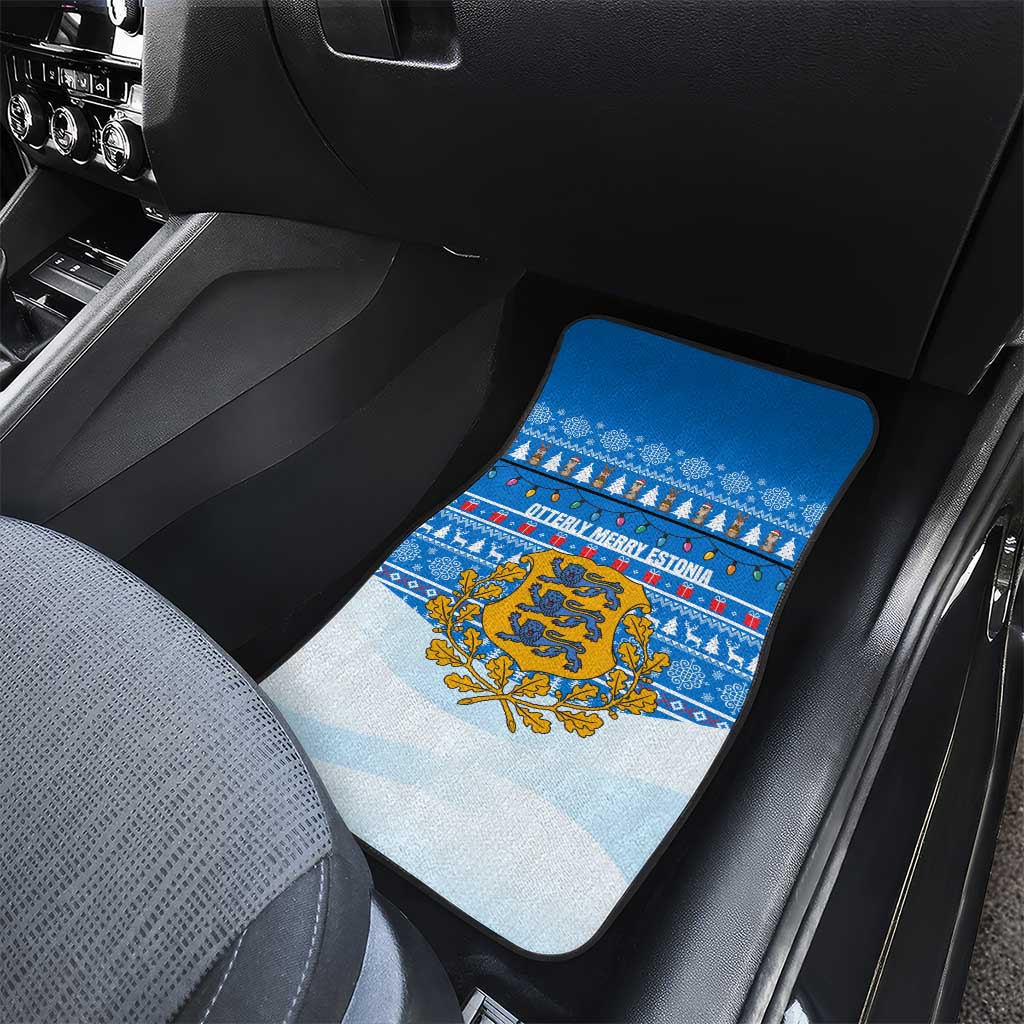 Estonia Christmas Car Mats with Santa Otters Lights Snowflakes and National Emblem on Blue Pattern - Wonder Print Shop