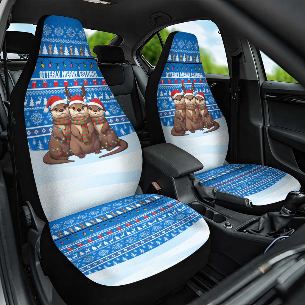 Estonia Christmas Car Seat Cover with Santa Otters Lights Snowflakes and National Emblem on Blue Pattern - Wonder Print Shop