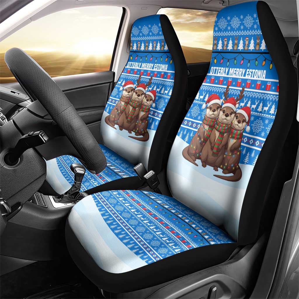 Estonia Christmas Car Seat Cover with Santa Otters Lights Snowflakes and National Emblem on Blue Pattern - Wonder Print Shop