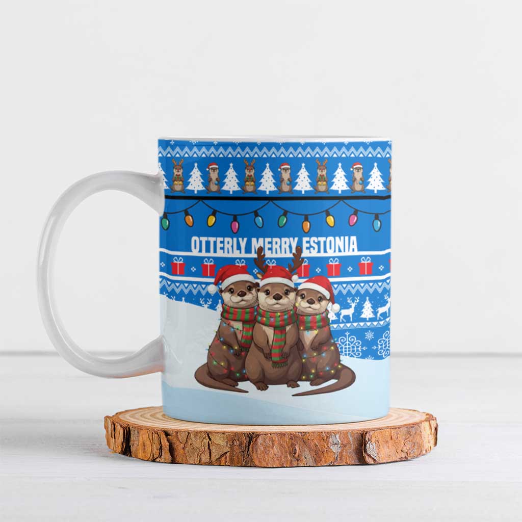 Estonia Christmas Ceramic Mug with Santa Otters Lights Snowflakes and National Emblem on Blue Pattern - Wonder Print Shop