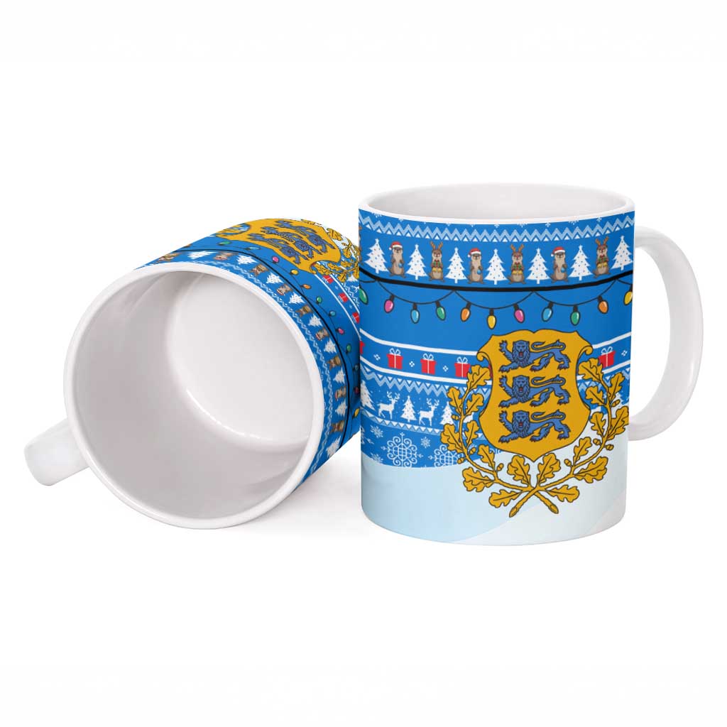 Estonia Christmas Ceramic Mug with Santa Otters Lights Snowflakes and National Emblem on Blue Pattern - Wonder Print Shop