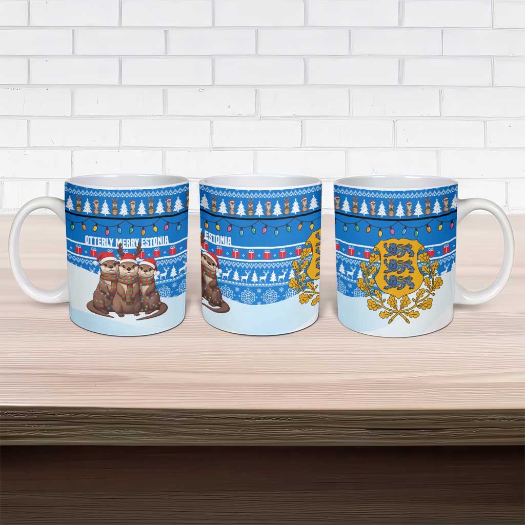 Estonia Christmas Ceramic Mug with Santa Otters Lights Snowflakes and National Emblem on Blue Pattern - Wonder Print Shop