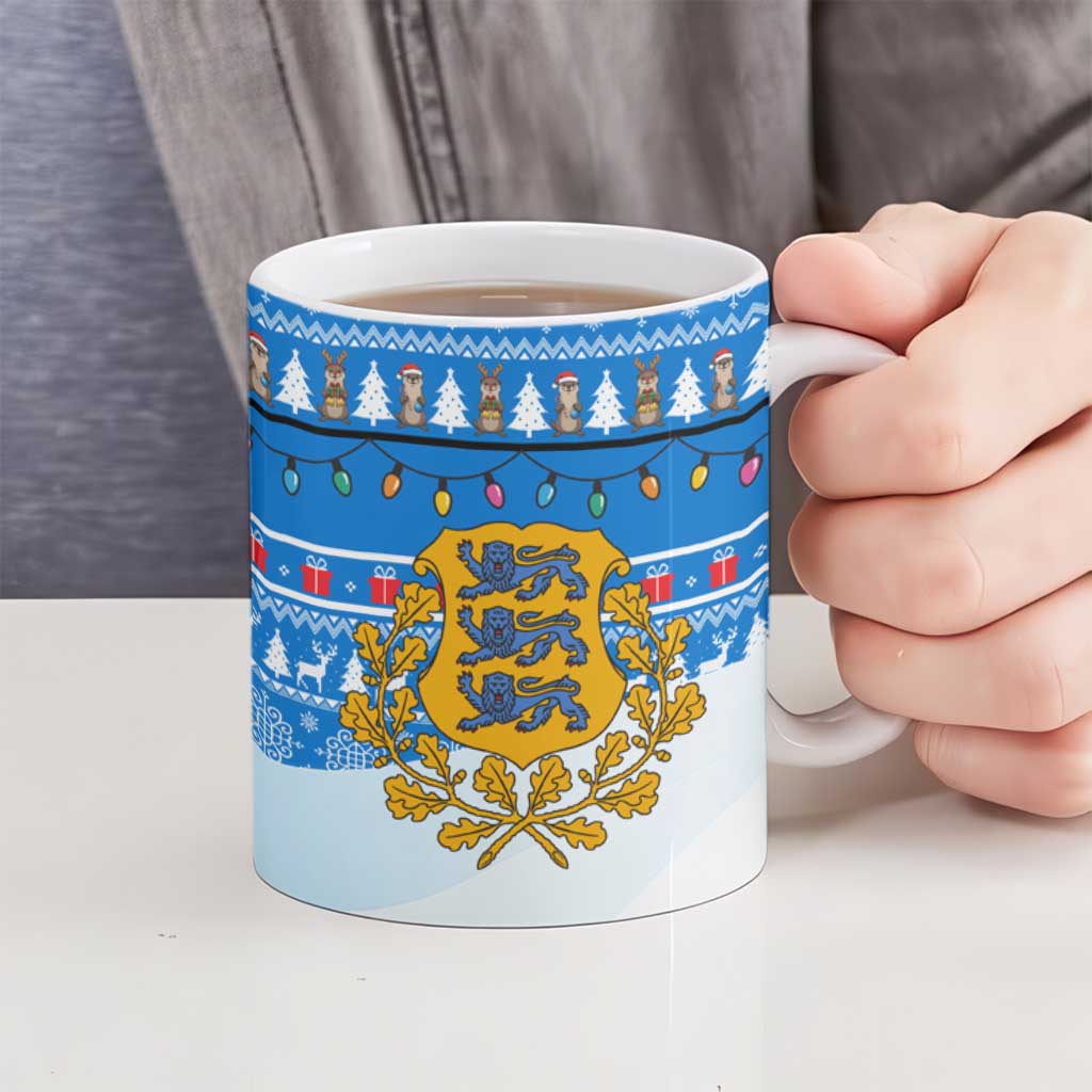 Estonia Christmas Ceramic Mug with Santa Otters Lights Snowflakes and National Emblem on Blue Pattern - Wonder Print Shop