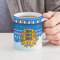 Estonia Christmas Ceramic Mug with Santa Otters Lights Snowflakes and National Emblem on Blue Pattern - Wonder Print Shop