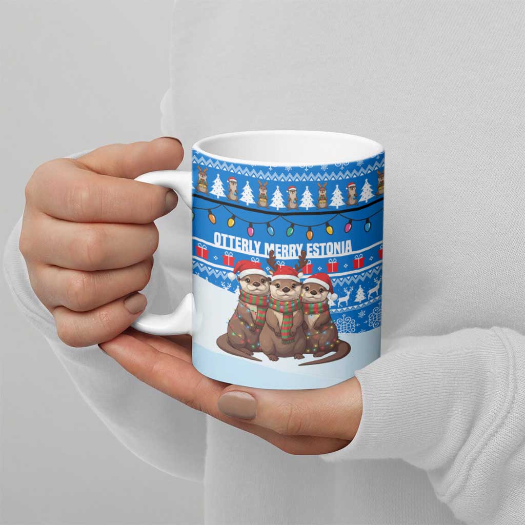 Estonia Christmas Ceramic Mug with Santa Otters Lights Snowflakes and National Emblem on Blue Pattern - Wonder Print Shop