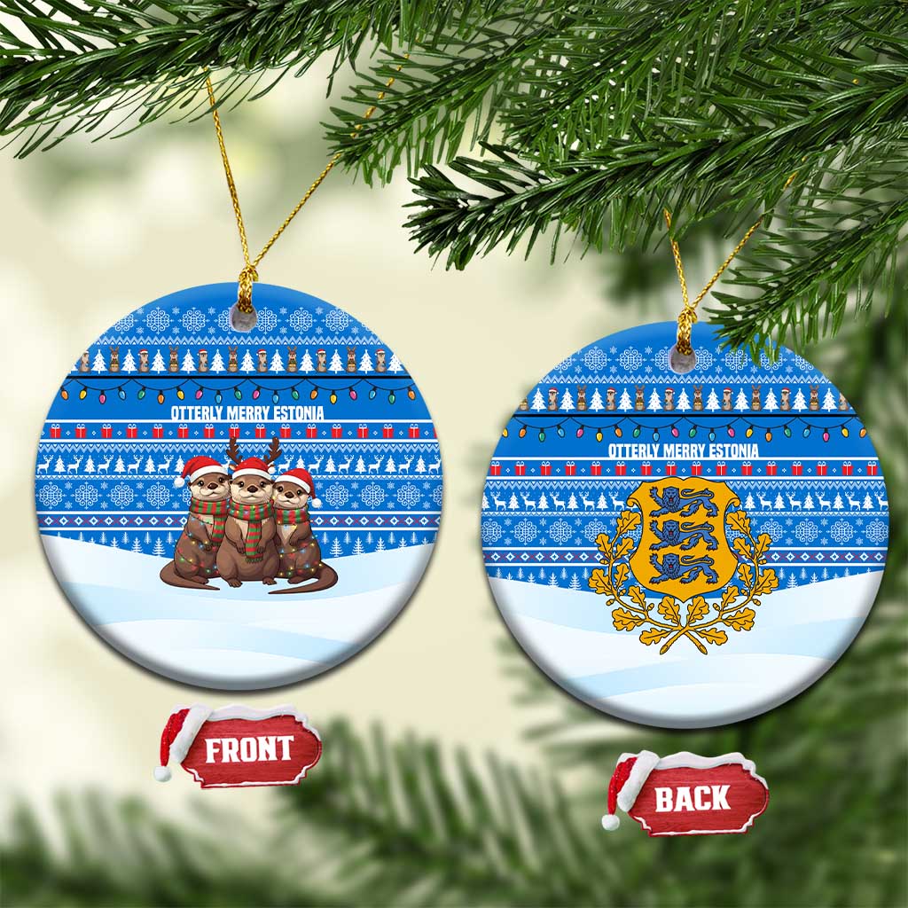 Estonia Christmas Ceramic Ornament with Santa Otters Lights Snowflakes and National Emblem on Blue Pattern - Wonder Print Shop