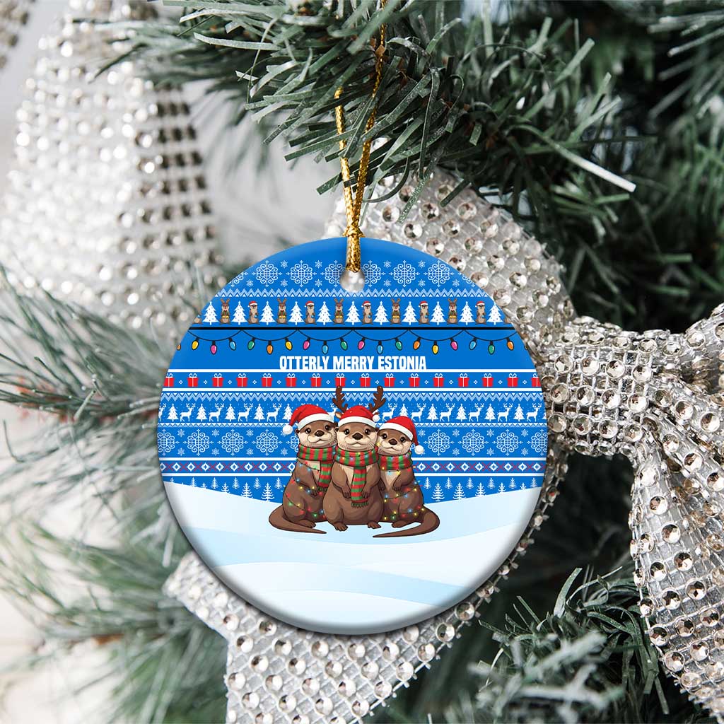 Estonia Christmas Ceramic Ornament with Santa Otters Lights Snowflakes and National Emblem on Blue Pattern - Wonder Print Shop