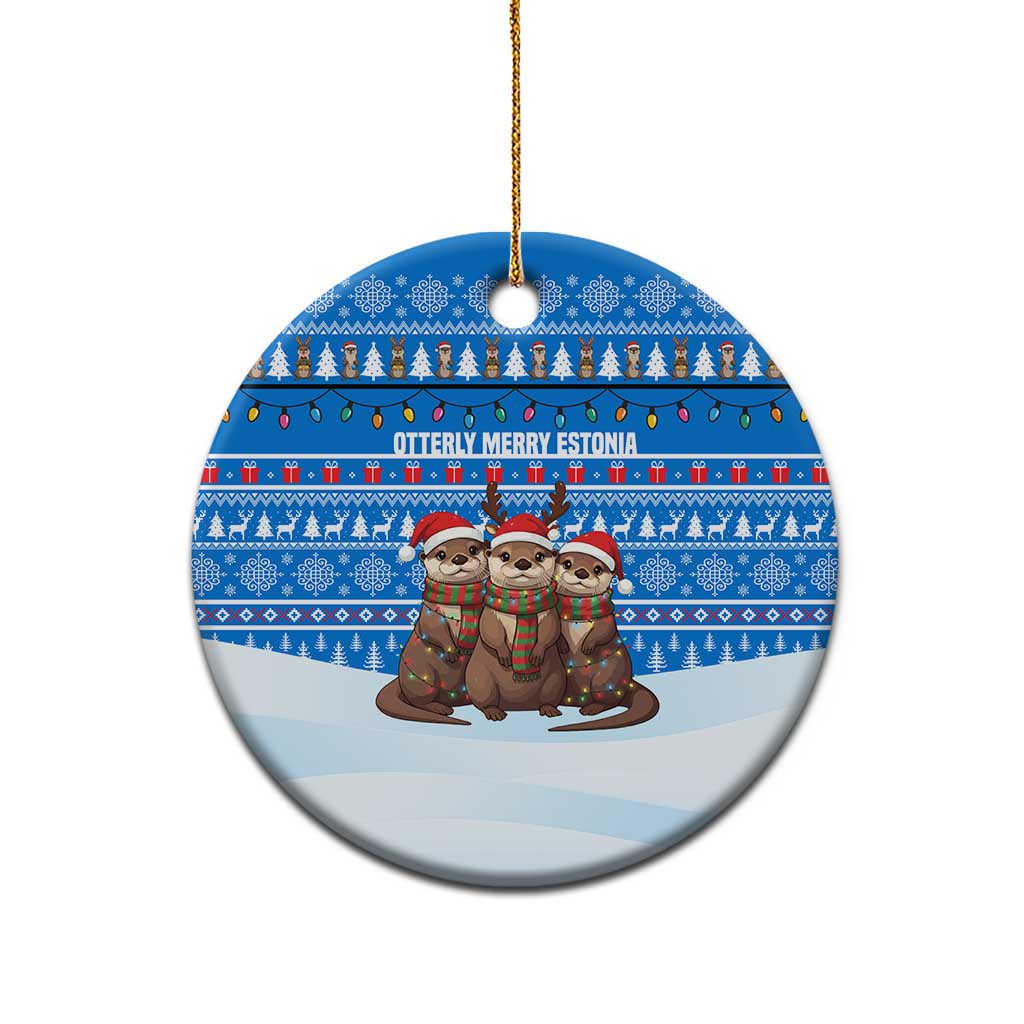 Estonia Christmas Ceramic Ornament with Santa Otters Lights Snowflakes and National Emblem on Blue Pattern - Wonder Print Shop