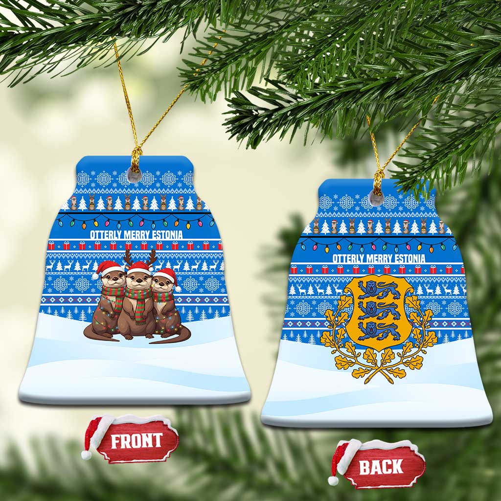 Estonia Christmas Ceramic Ornament with Santa Otters Lights Snowflakes and National Emblem on Blue Pattern - Wonder Print Shop