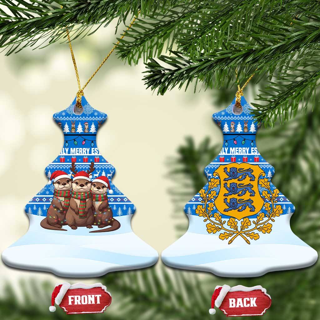 Estonia Christmas Ceramic Ornament with Santa Otters Lights Snowflakes and National Emblem on Blue Pattern - Wonder Print Shop