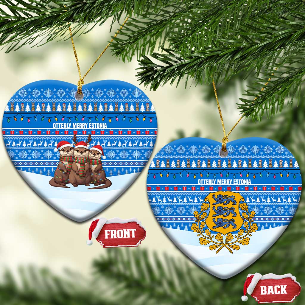 Estonia Christmas Ceramic Ornament with Santa Otters Lights Snowflakes and National Emblem on Blue Pattern - Wonder Print Shop