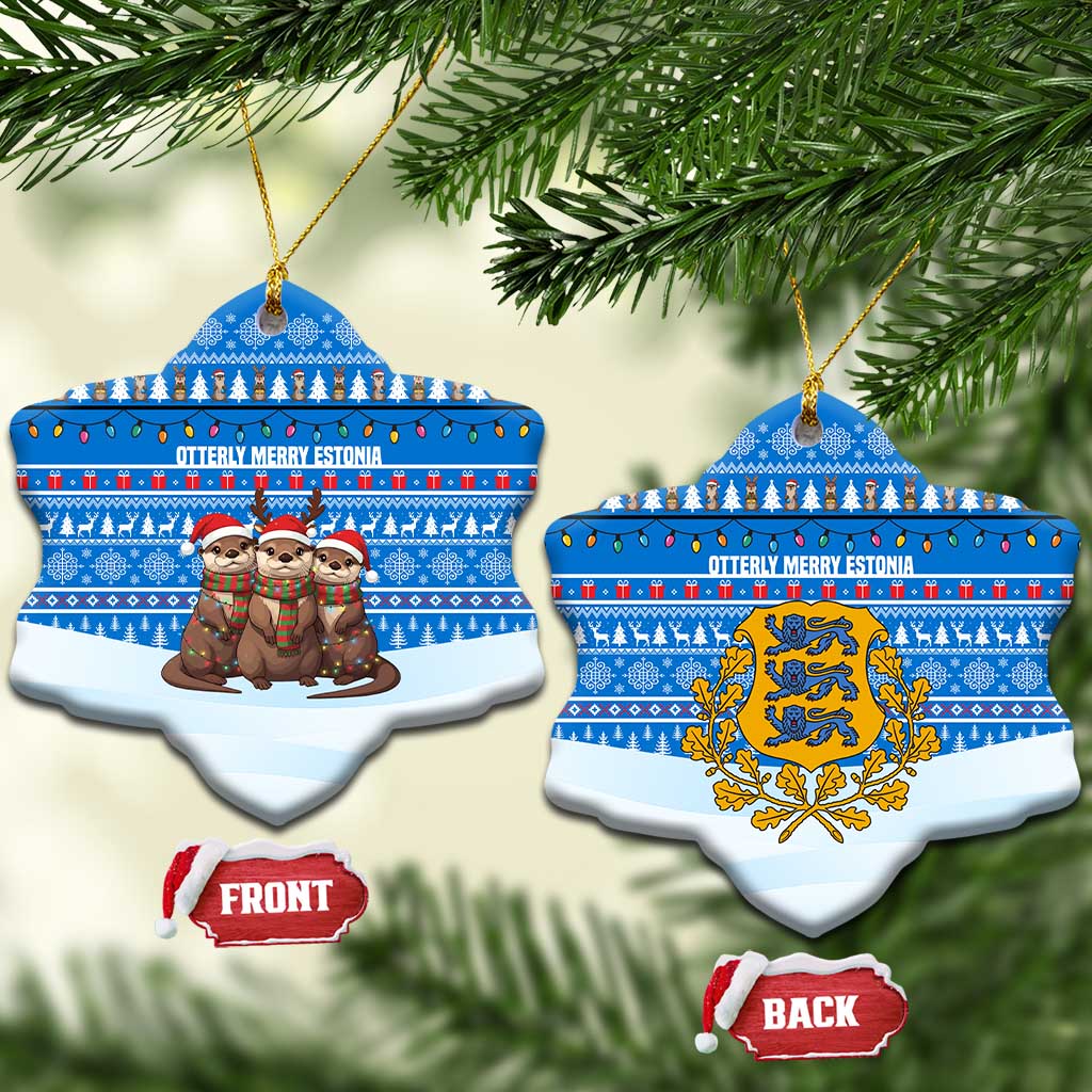 Estonia Christmas Ceramic Ornament with Santa Otters Lights Snowflakes and National Emblem on Blue Pattern - Wonder Print Shop
