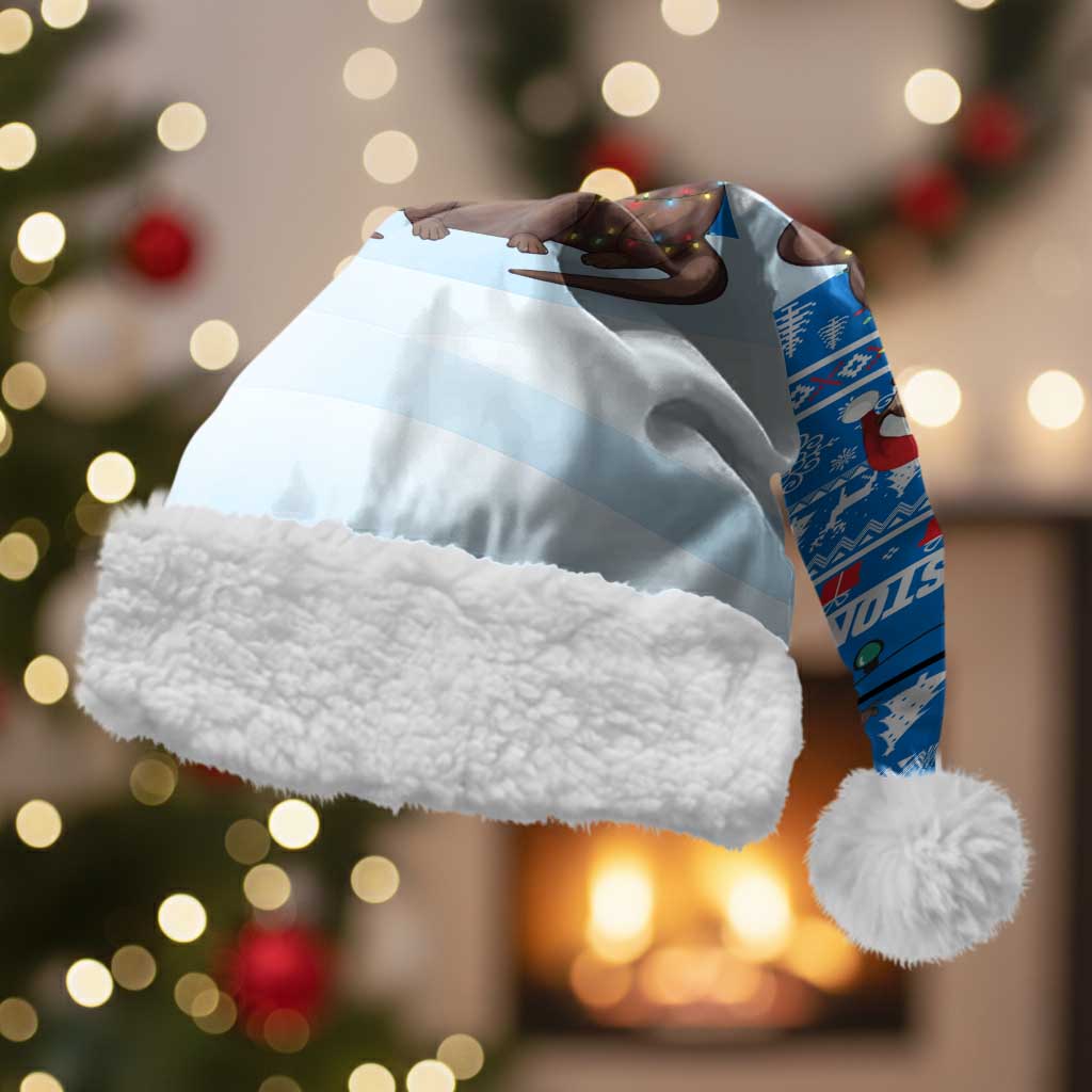 Estonia Christmas Santa Hat with Santa Otters Lights Snowflakes and National Emblem on Blue Pattern - Wonder Print Shop